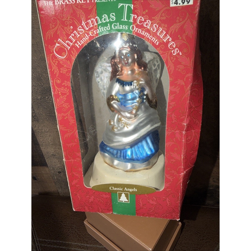 Vtg Brass Key Christmas Treasures Glass Angel Ornament Blue Gown Classic 2000